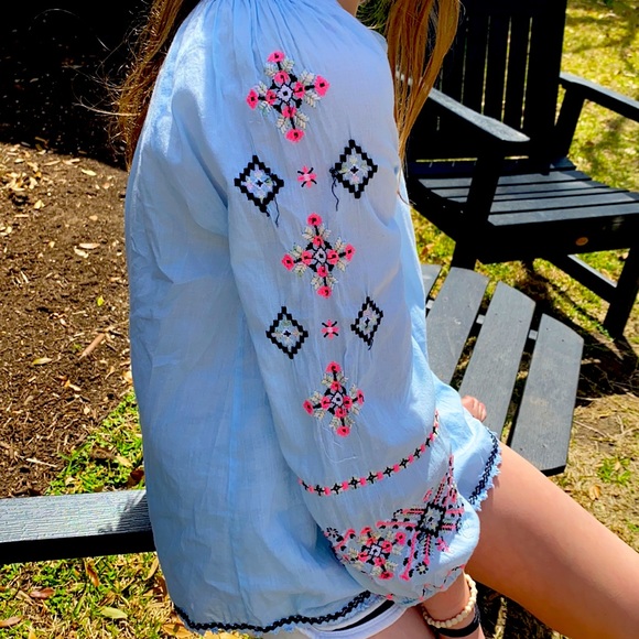 light blue stitched beach shirt. - Picture 2 of 4